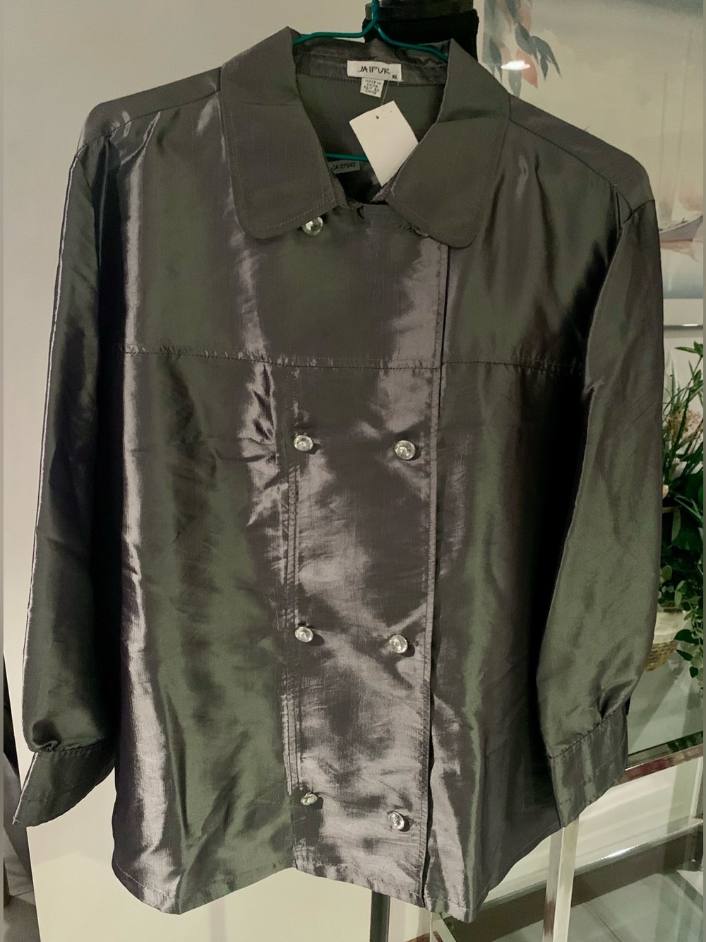 Jaipur Black Shiny Double-Breasted Satin Blazer, Vintage 1990s 2000s